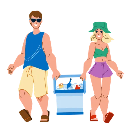 Woman and man holding cooler box  Illustration