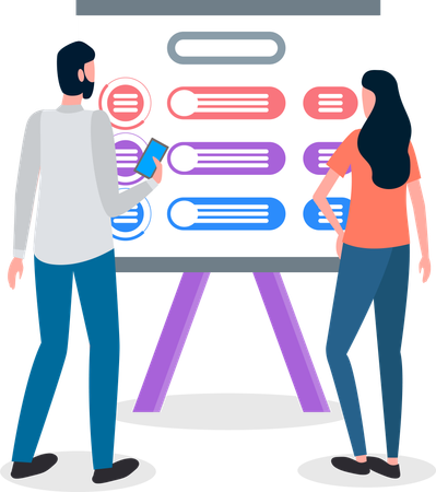 Woman and man holding mobile looking at chart  Illustration