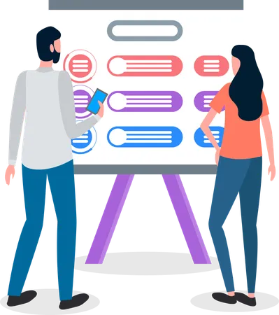 Woman and man holding mobile looking at chart  Illustration