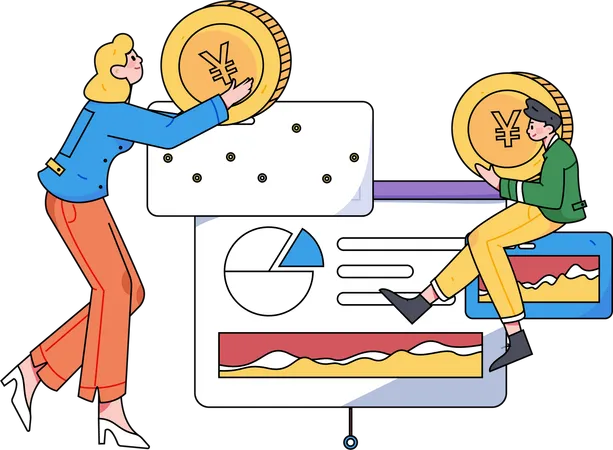 Woman and man holding yen coin while getting profit  Illustration