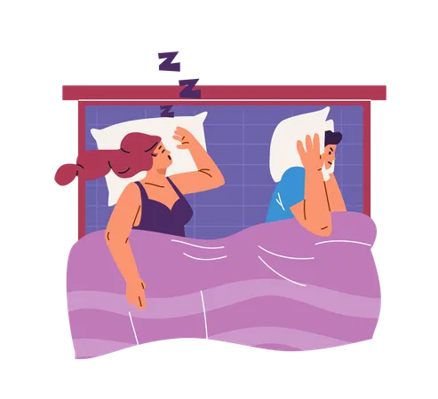 Woman and man in bed depicting common sleep apnea scenes  Illustration