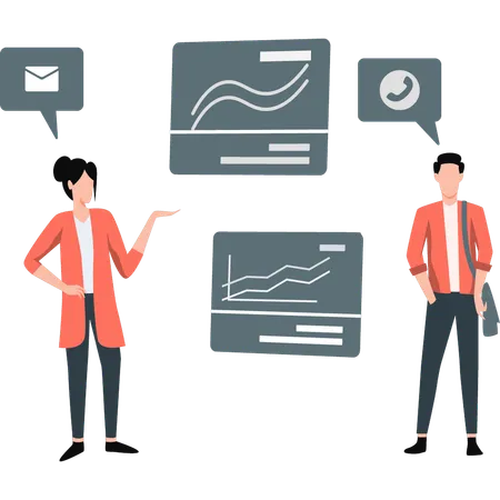 Woman and man introducing message and call ratio by graph  Illustration