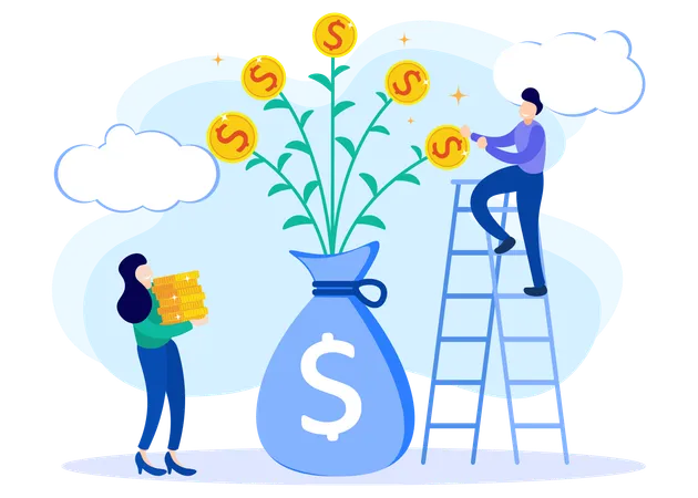 Woman And Man Investing Money  Illustration