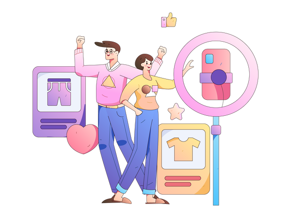 Woman and man live on social media for cloth review  イラスト