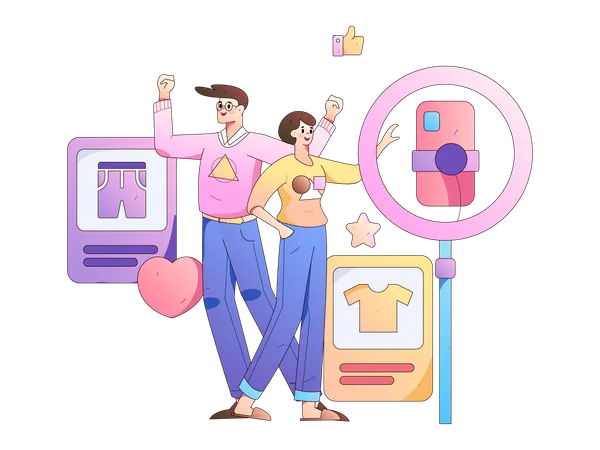 Woman and man live on social media for cloth review  イラスト