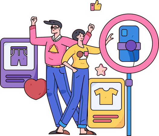 Woman and man live on social media for cloth review  Illustration