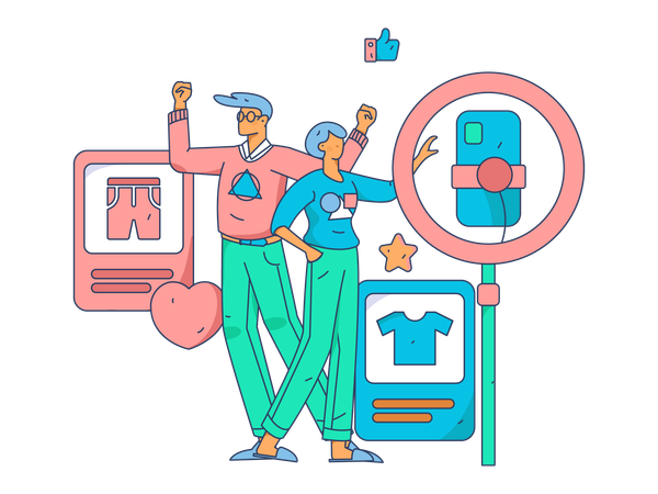 Woman and man live on social media for cloth review  Illustration