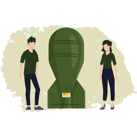Woman And Man Looking At Missile  Illustration