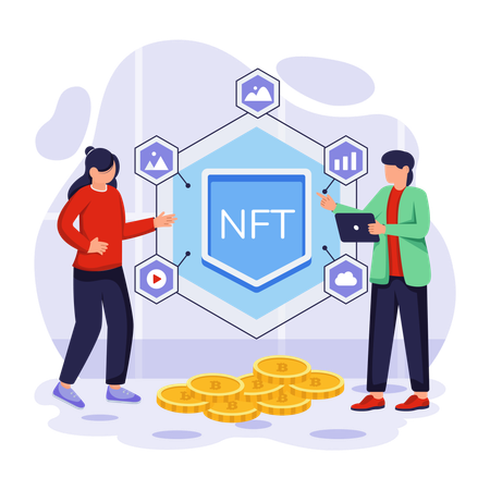Woman and man looking at NFT Tokens  Illustration