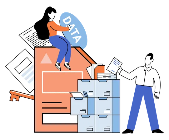 Woman and man managing big data Illustration