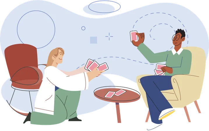 Woman and man playing card at home  Illustration