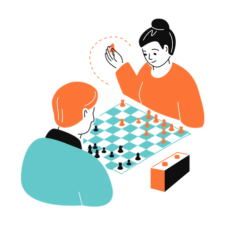 Woman and man playing strategically board game for logic  Illustration
