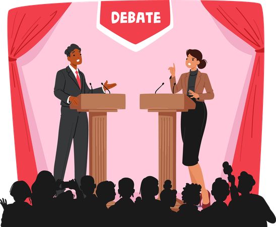 Woman And Man Politician Stand At Podiums  Illustration