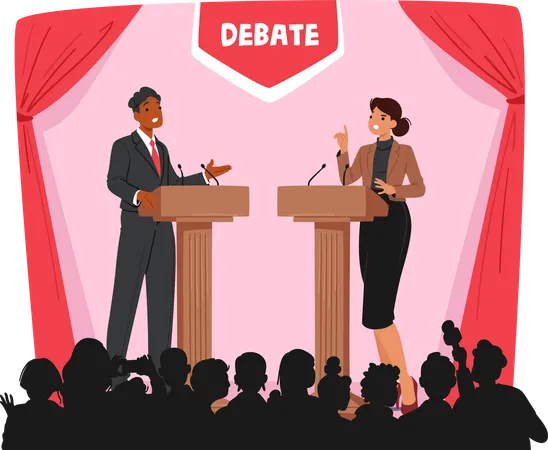 Woman And Man Politician Stand At Podiums  Illustration