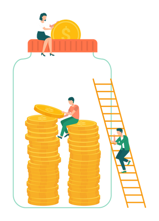 Woman and man put dollar in jar  イラスト