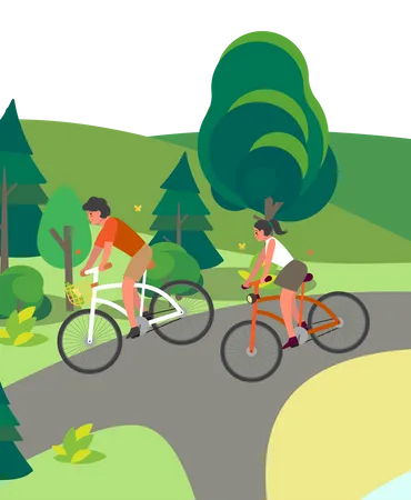 Woman And Man Riding A Bicycle Having Fun And Doing Sport In The City Park Summer Activity Vector Illustration In Cartoon Style Illustration