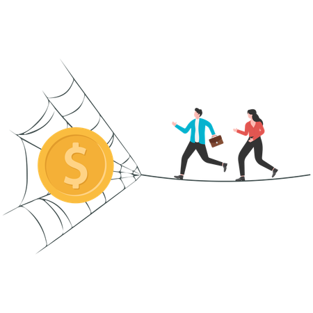 Woman and man  Running and jumping into lore money  Illustration