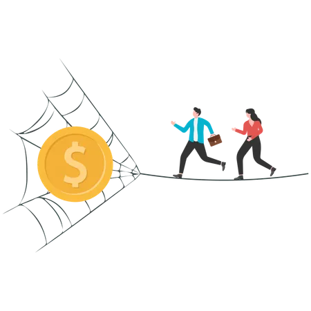 Woman and man  Running and jumping into lore money  Illustration