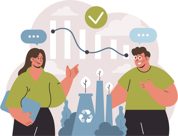 Woman and man showing reducing pollution analysis  Illustration