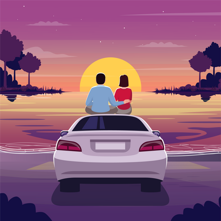 Woman and man sit on car and watch sunset  Illustration