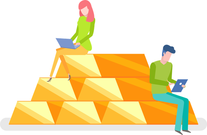 Woman and Man Sit on Pile of Gold with Notebooks  Illustration
