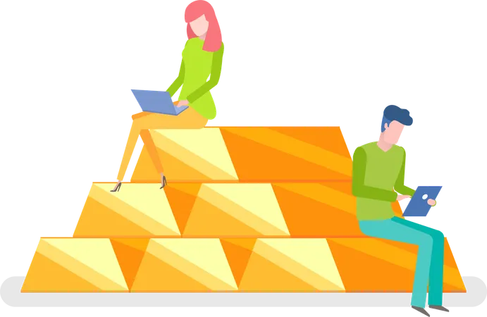 Woman and Man Sit on Pile of Gold with Notebooks  Illustration