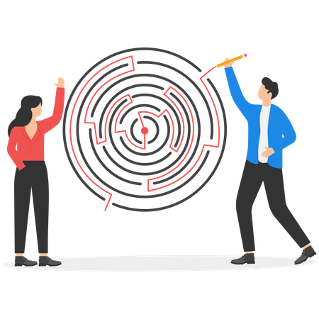 Woman and man solving labyrinth puzzle  Illustration
