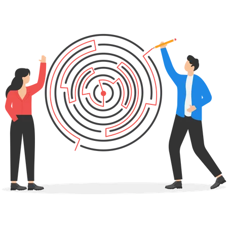 Woman and man solving labyrinth puzzle  Illustration