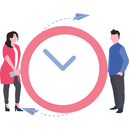 Woman and man standing with clock  Illustration