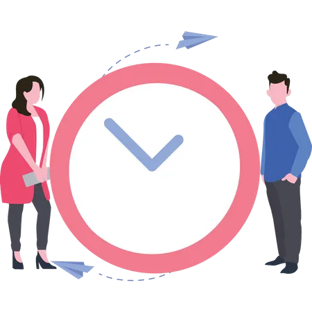 Woman and man standing with clock  Illustration