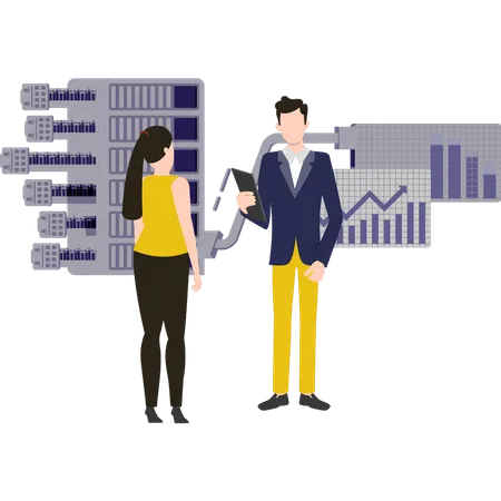 Woman and man talking about server analysis  Illustration