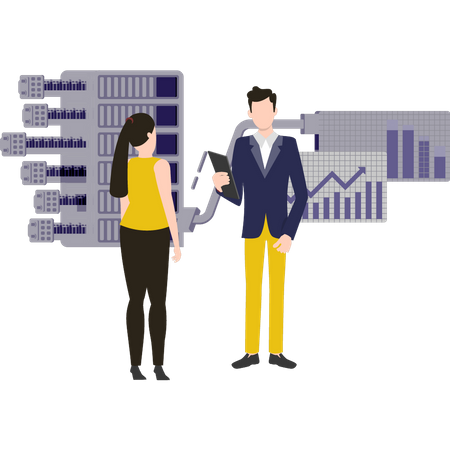 Woman and man talking about server analysis  Illustration