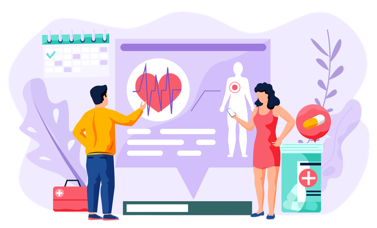 Woman and man talking to doctor about test results  Illustration