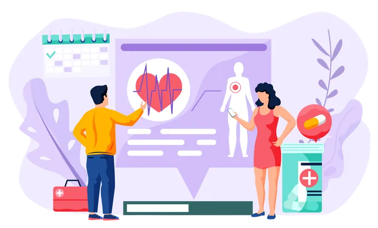 Woman and man talking to doctor about test results  Illustration