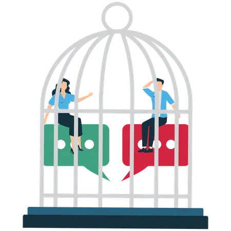 Woman and man trapped in cage for business discussion  Illustration