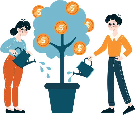 Woman and man watering dollar plant  Illustration