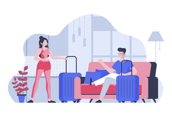 Woman and man with suitcases luggage preparing for summer trip  Illustration