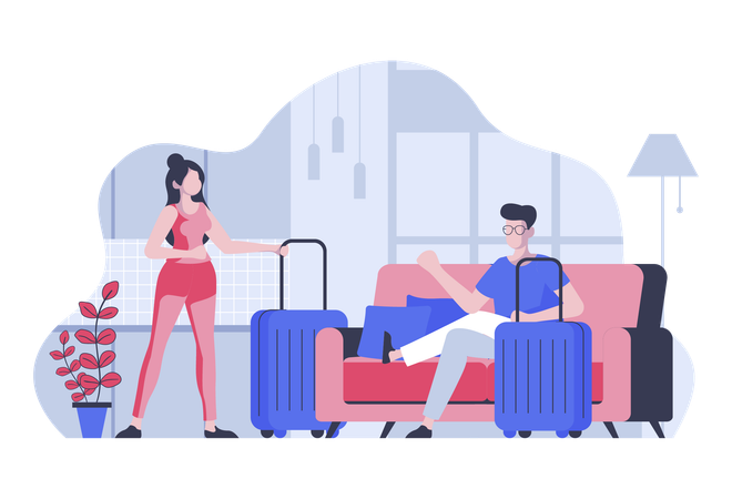 Woman and man with suitcases luggage preparing for summer trip  Illustration