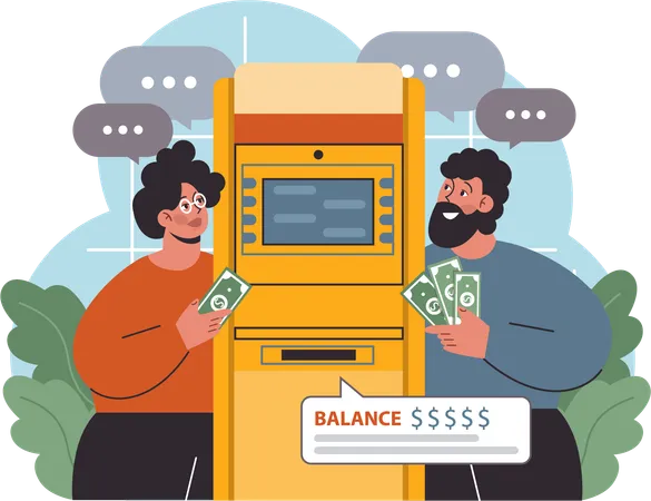 Woman and man withdraw cash using atm machine  Illustration