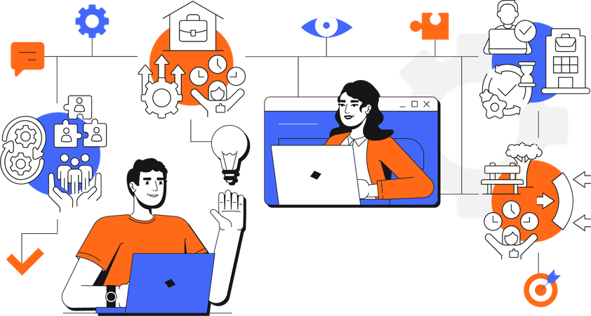 Woman and man working as Hybrid workforce  Illustration