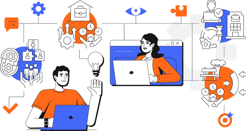 Woman and man working as Hybrid workforce  Illustration