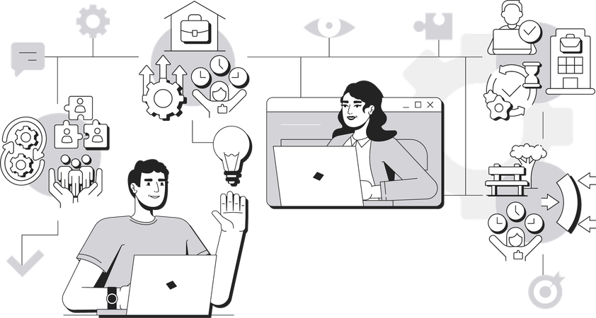 Woman and man working as Hybrid workforce  Illustration