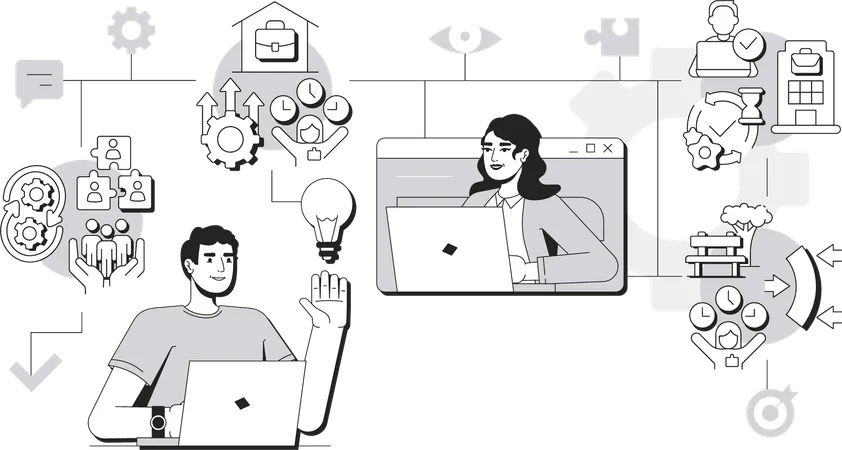 Woman and man working as Hybrid workforce  Illustration