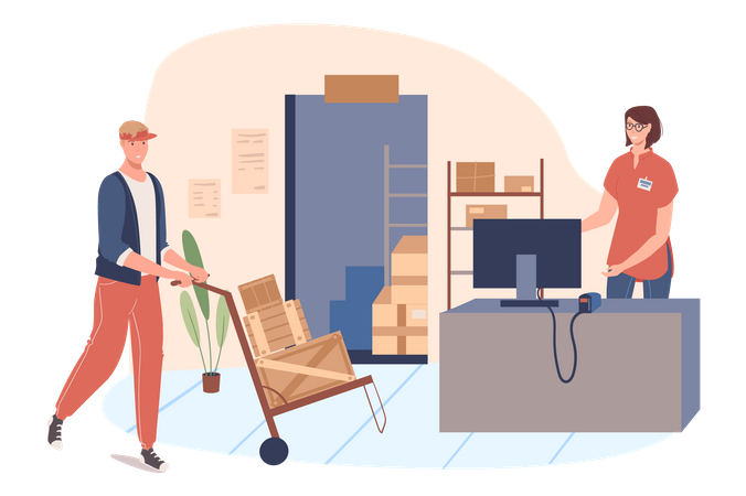 Woman and man working in warehouse Illustration