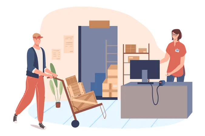 Delivery Service Web Concept Woman And Man Work In Warehouse Loader Carry Parcels Operator Processes Orders On Computer People Scenes Template Vector Illustration Of Characters In Flat Design 일러스트레이션