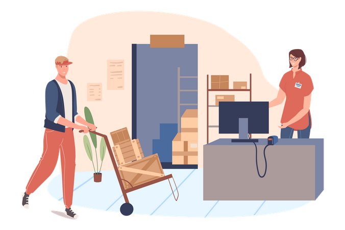 Woman and man working in warehouse  Illustration