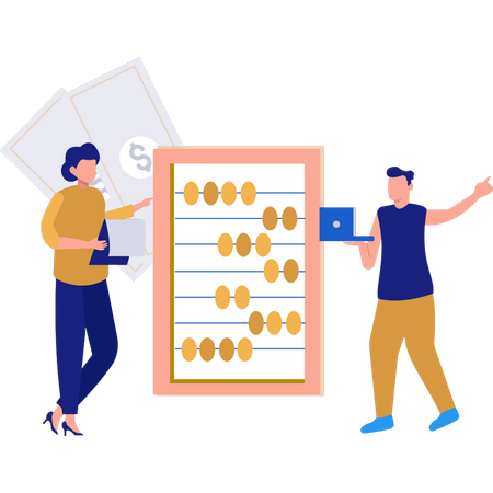 Woman And Man Working On Abacus For Finance Business  Illustration