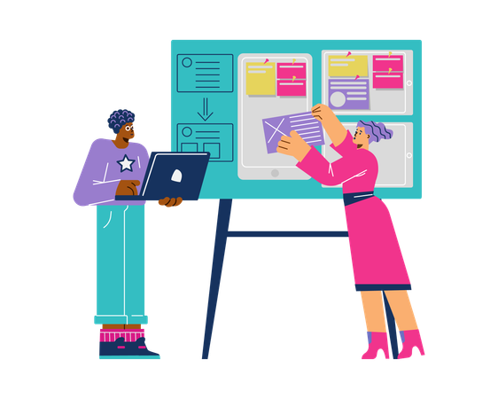 Woman and man working on app development  Illustration