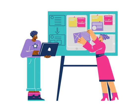 Woman and man working on app development  Illustration
