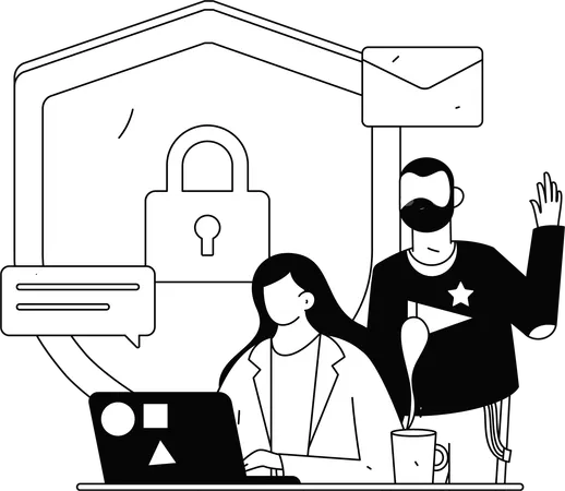 Woman and man working on email security  Illustration